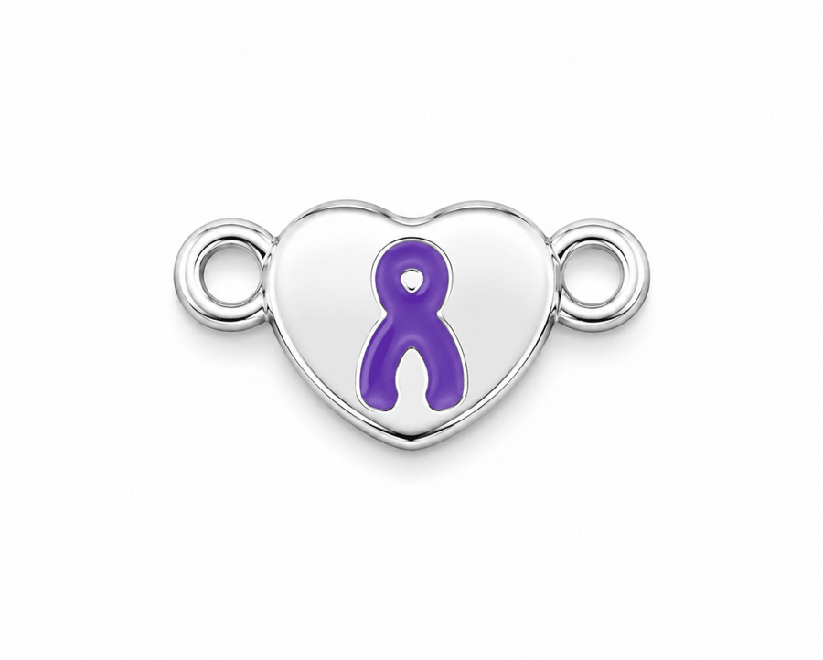 Silver Heart Purple Ribbon Charms with 2 Loops - Fundraising For A Cause