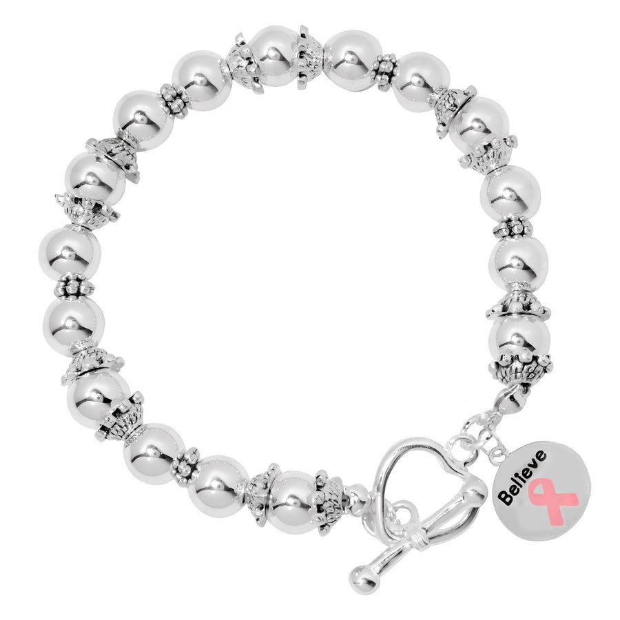 Circle Believe Pink Ribbon Charm Silver Beaded Bracelets - Fundraising For A Cause