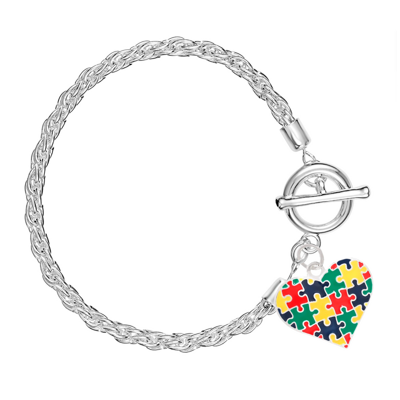 Autism Colored Puzzle Piece Heart Charm Silver Rope Bracelets