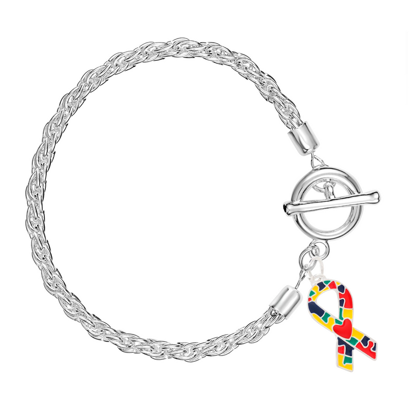 Autism Ribbon with Heart Silver Rope Bracelets