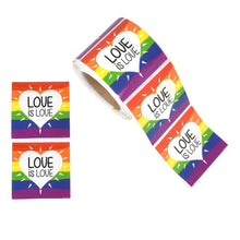 Load image into Gallery viewer, Square Bulk Rainbow Love is Love Heart Stickers, LGBTQ Gay Pride Awareness