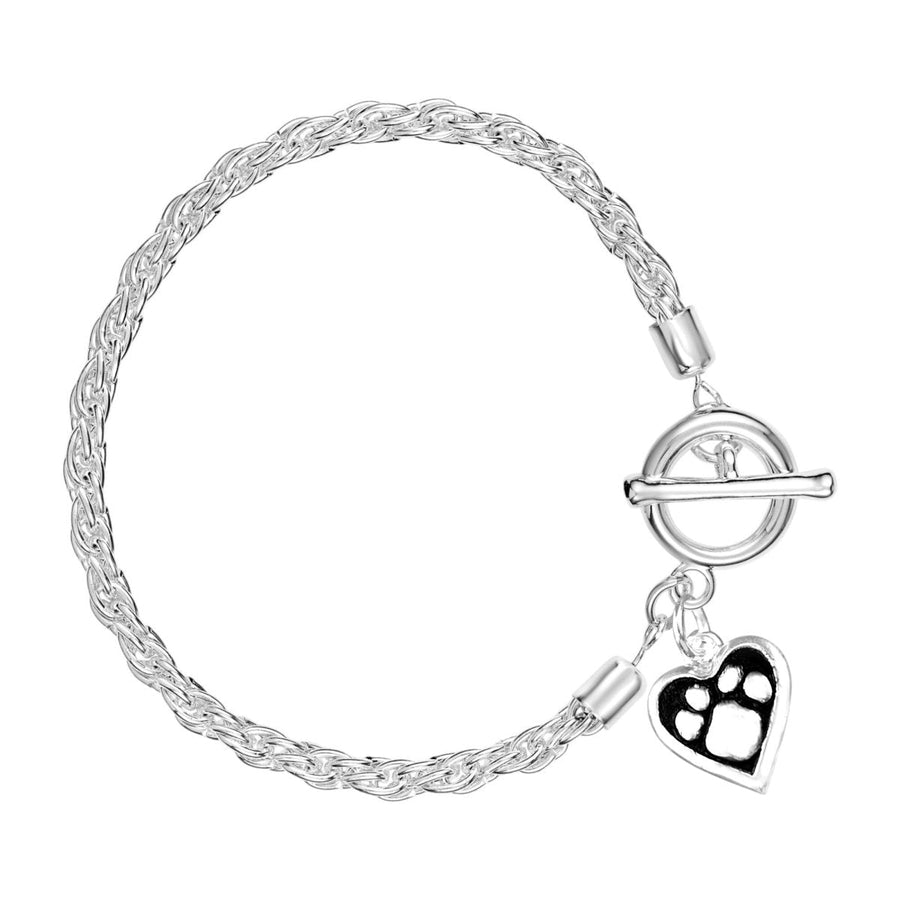 12 Pack Paw Print Heart Charm Silver Rope Bracelet (12 Bracelets) - Fundraising For A Cause
