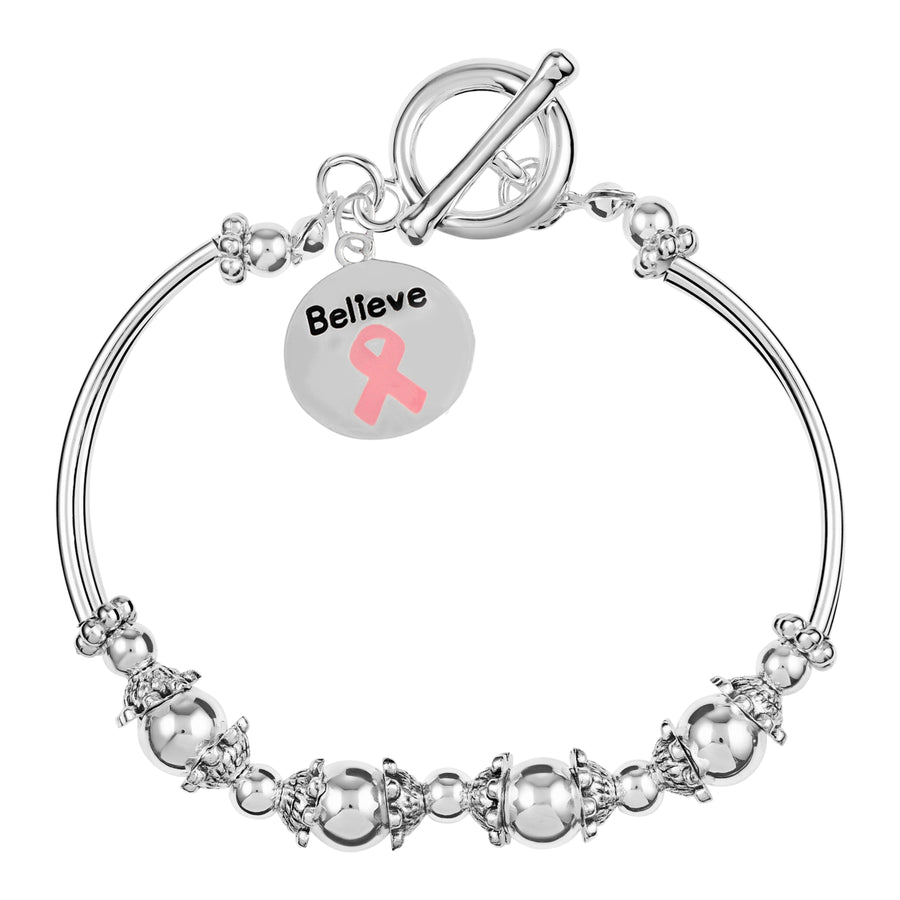 Circle Believe Pink Ribbon Charm Partial Beaded Bracelets
