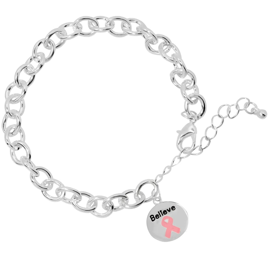 Circle Believe Pink Ribbon Charm Chunky Charm Bracelets - Fundraising For A Cause