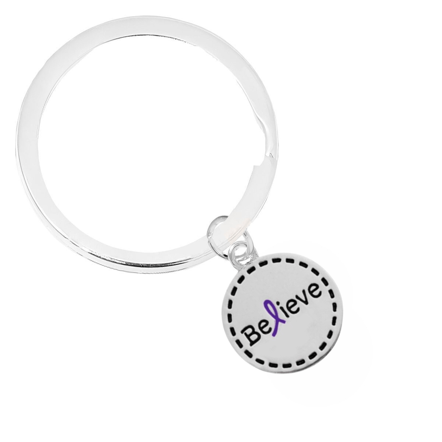 Round Believe Purple Ribbon Awareness Split Style Key Chains - Fundraising For A Cause