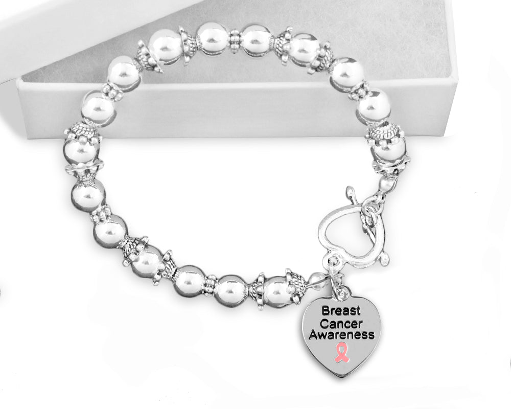 Breast Cancer Pink Ribbon Charm Silver Beaded Bracelets - Fundraising For A Cause