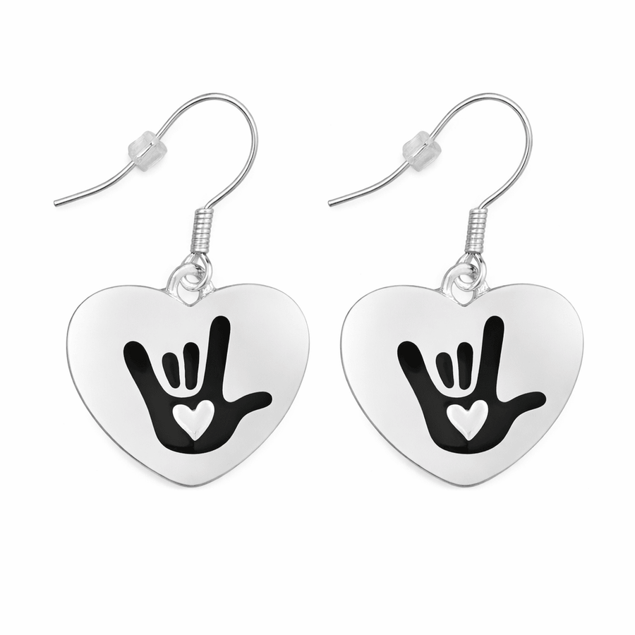 Deaf Awareness I Love You Sign Language Symbol Heart Charm Earrings - Fundraising For A Cause