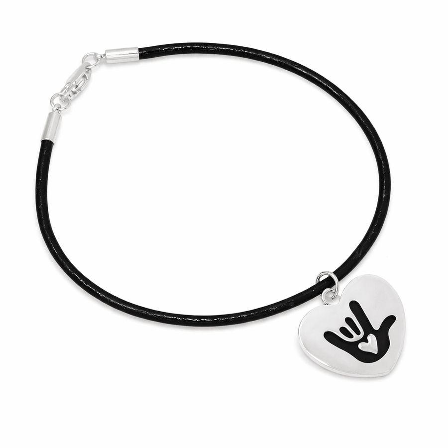 Deaf I Love You Sign Heart Charm Black Cord Bracelets - Fundraising For A Cause