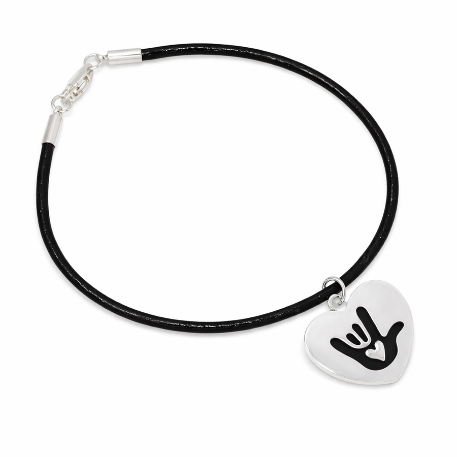 Deaf I Love You Sign Heart Charm Black Cord Bracelets