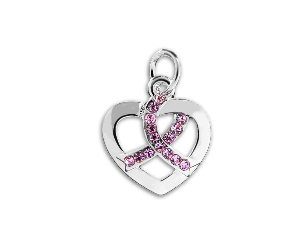 Silver Heart Crystal Pink Ribbon Charms - Fundraising For A Cause