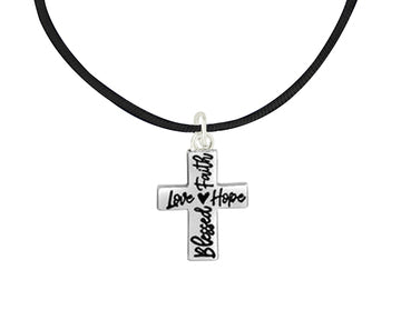 Blessed, Hope, Faith, and Love Cross Black Cord Necklace - Fundraising For A Cause