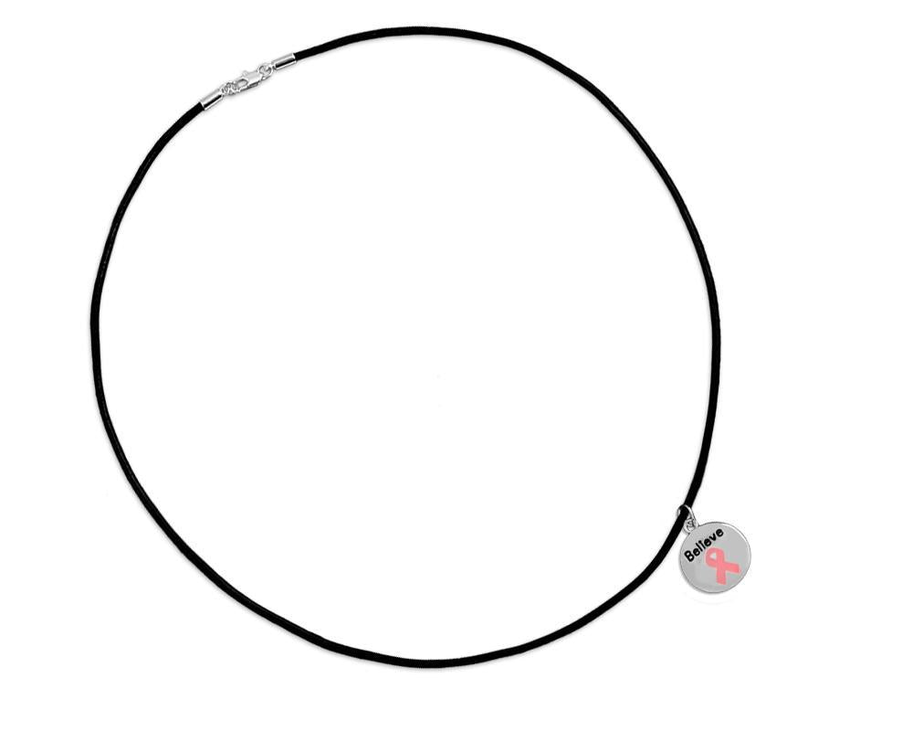 Circle Believe Pink Ribbon Leather Cord Necklaces Wholesale Fundraising For A Cause