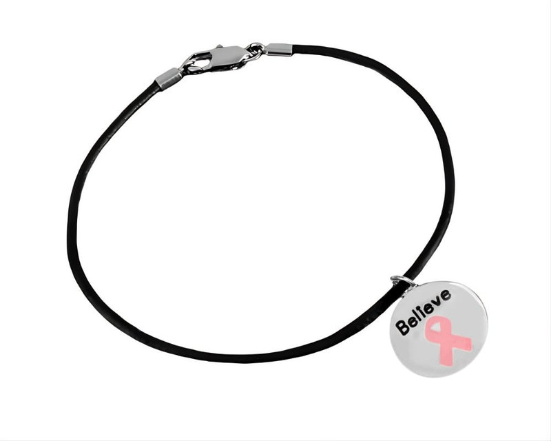 Circle Believe Pink Ribbon Charm Black Cord Bracelets - Fundraising For A Cause