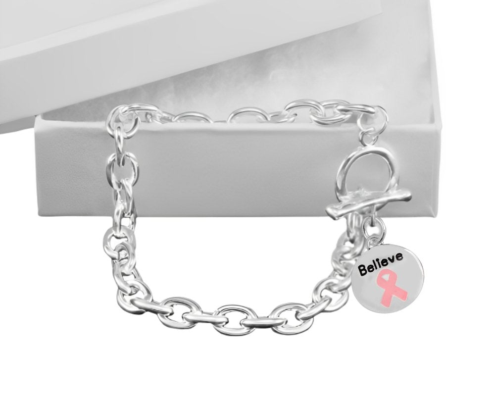 Circle Believe Pink Ribbon Charm Chunky Charm Bracelets - Fundraising For A Cause
