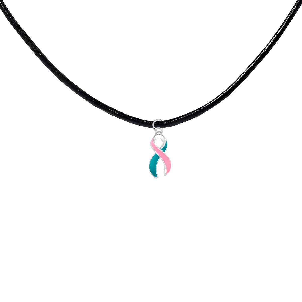 Large Pink & Teal Ribbon Awareness Black Cord Necklace - Fundraising For A Cause