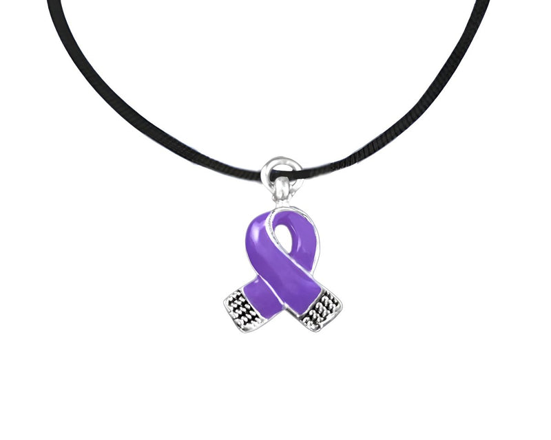 Small Purple Ribbon Charm On A Black Cord Necklace - Fundraising For A Cause