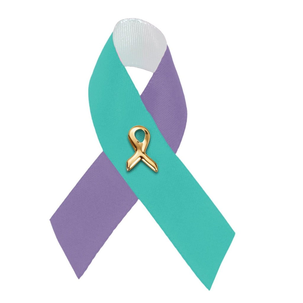 10 Pack Satin Teal & Purple Awareness Ribbon Pins (25 Pins) - Fundraising For A Cause