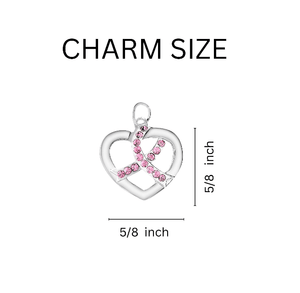 10 Pack Silver Heart Crystal Pink Ribbon Hanging Charms (10 Hanging Charms) - Fundraising For A Cause