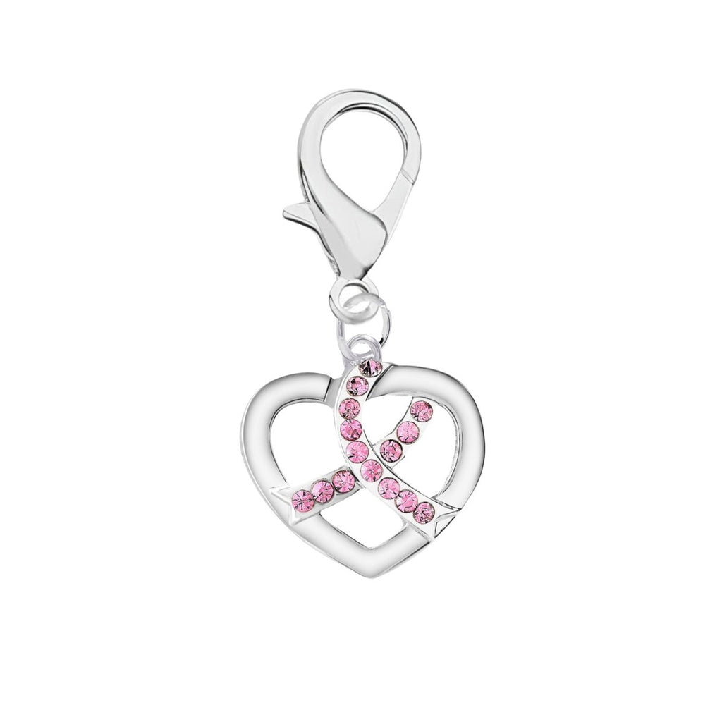 10 Pack Silver Heart Crystal Pink Ribbon Hanging Charms (10 Hanging Charms) - Fundraising For A Cause