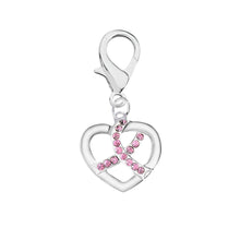 Load image into Gallery viewer, 10 Pack Silver Heart Crystal Pink Ribbon Hanging Charms (10 Hanging Charms) - Fundraising For A Cause