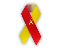 Load image into Gallery viewer, Satin Red &amp; Yellow Ribbon Pins - 50 Pack