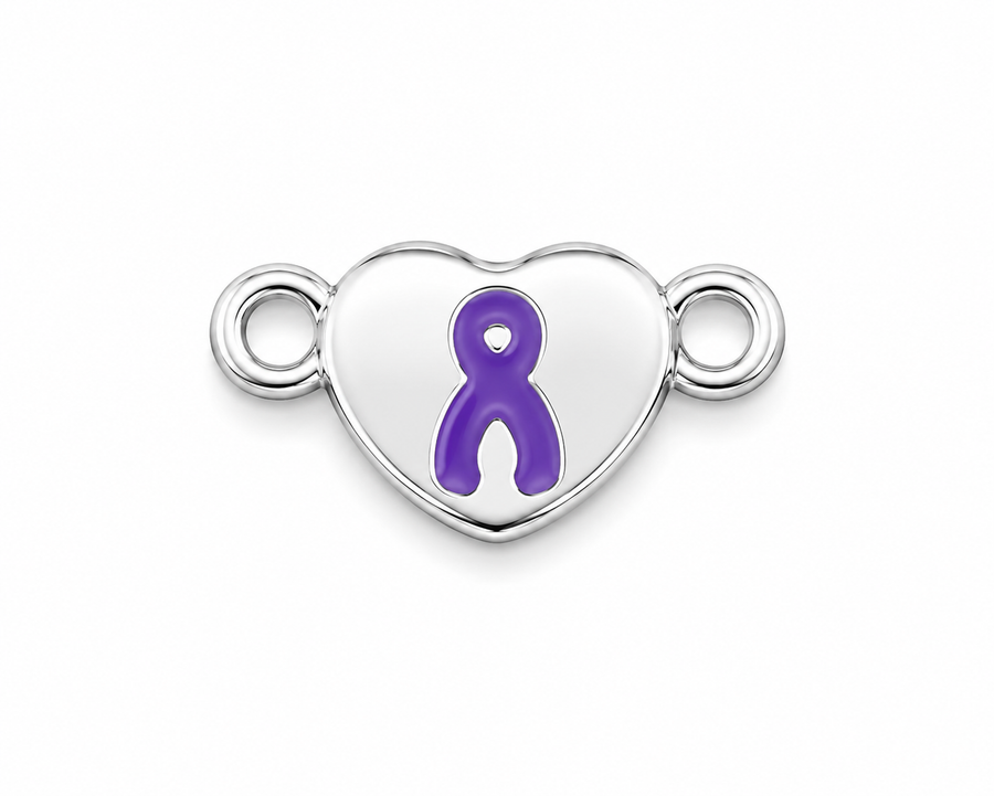 Silver Heart Purple Ribbon Charms  with 2 Loops