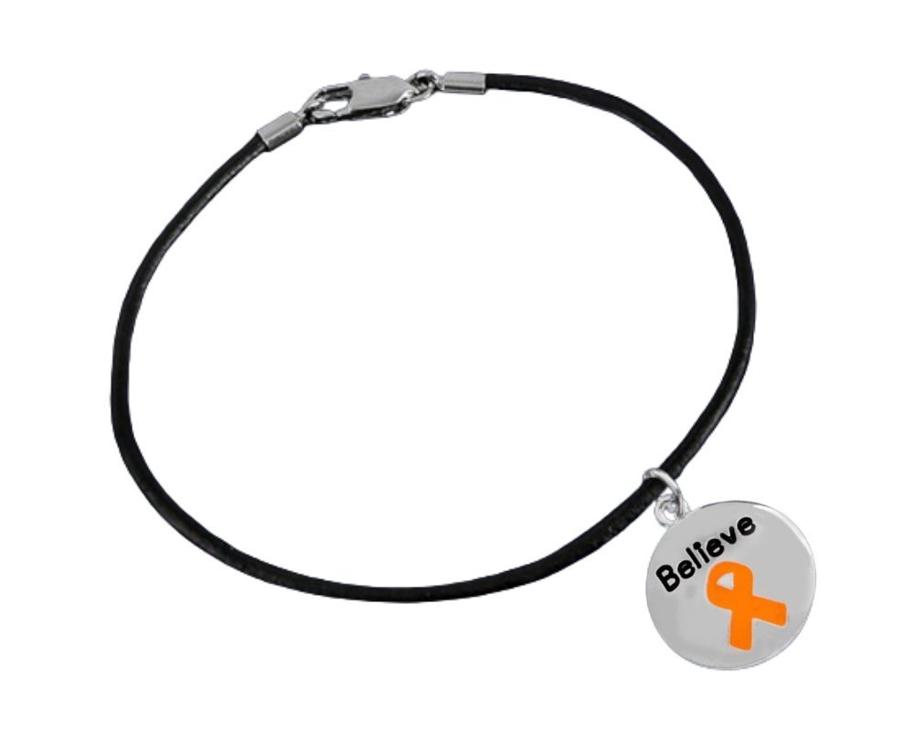 12 Believe Orange Ribbon Charm Black Cord Ribbon Bracelets - Fundraising For A Cause