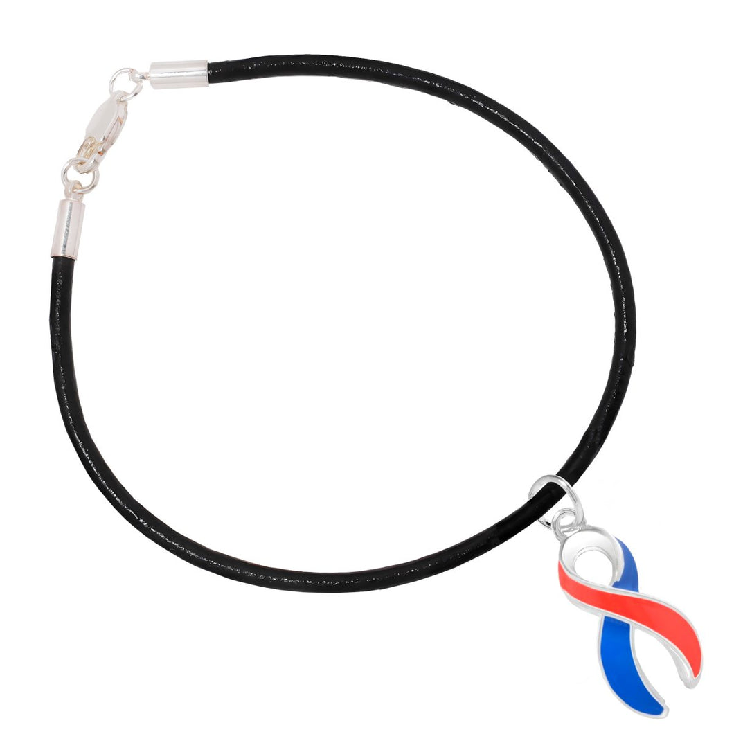 12 Blue & Red Ribbon Charm Black Cord Bracelets - Fundraising For A Cause