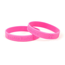 Load image into Gallery viewer, 12 Boobie Buddies Hot Pink Silicone Bracelet Wristbands on Peg Cards - Fundraising For A Cause