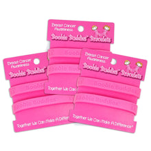 Load image into Gallery viewer, 12 Boobie Buddies Hot Pink Silicone Bracelet Wristbands on Peg Cards - Fundraising For A Cause