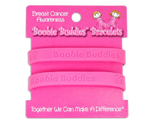 Load image into Gallery viewer, 12 Boobie Buddies Hot Pink Silicone Bracelet Wristbands on Peg Cards - Fundraising For A Cause