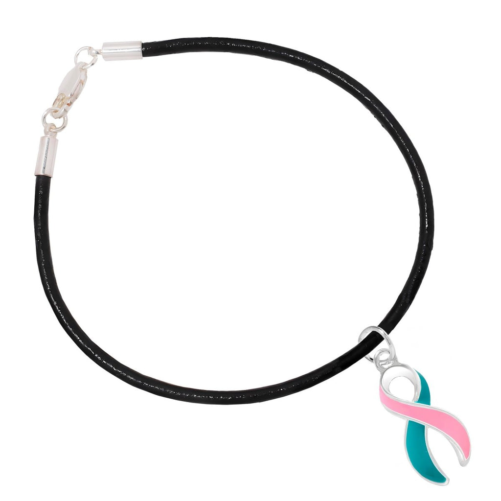 12 Large Pink & Teal Ribbon Awareness Black Cord Bracelets - Fundraising For A Cause