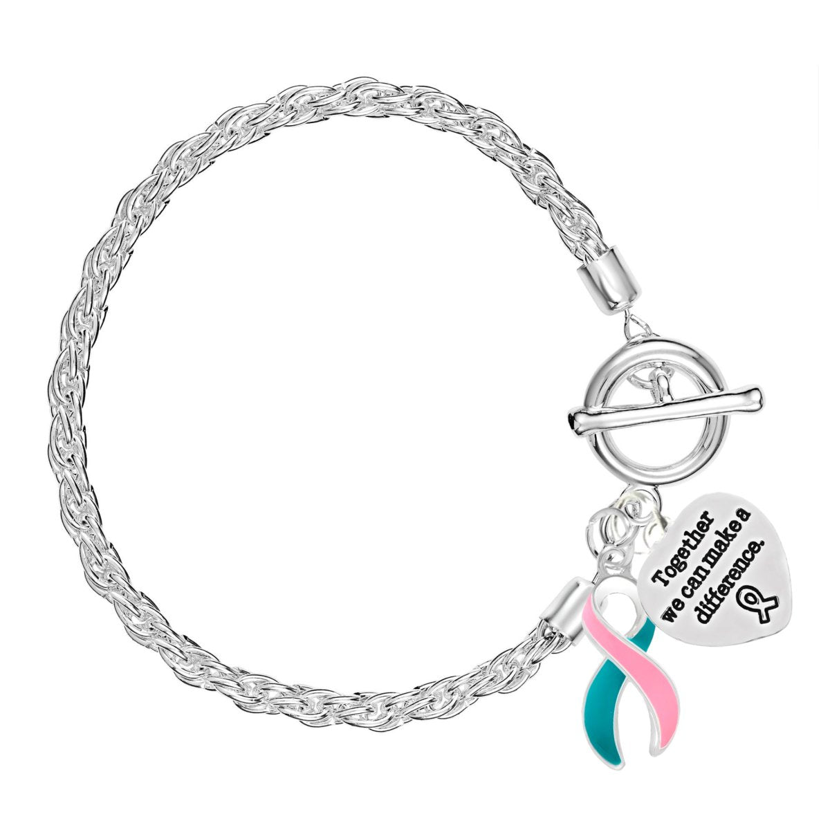 12 Large Pink & Teal Ribbon Awareness Silver Rope Bracelets - Fundraising For A Cause