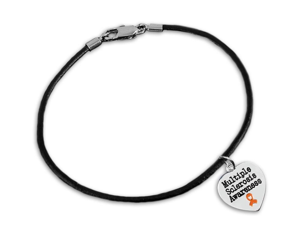 12 Multiple Sclerosis Awareness Heart Leather Cord Bracelets - Fundraising For A Cause