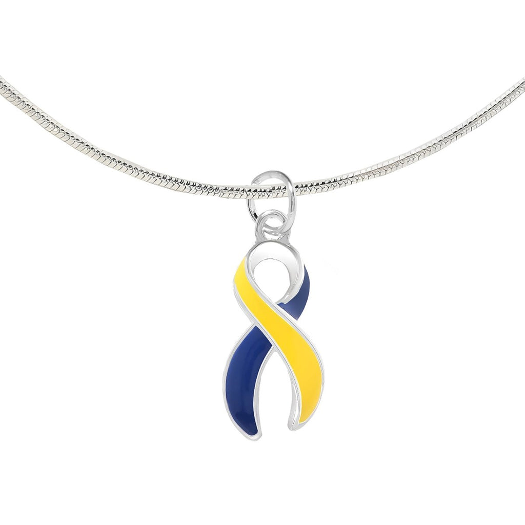 12 Pack Large Blue & Yellow Ribbon Necklaces (12 Necklaces) - Fundraising For A Cause