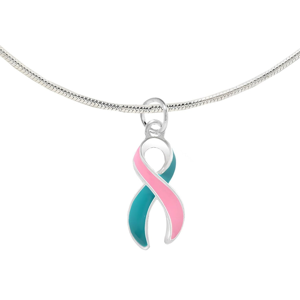 12 Pack Large Pink & Teal Ribbon Necklaces (12 Necklaces) - Fundraising For A Cause