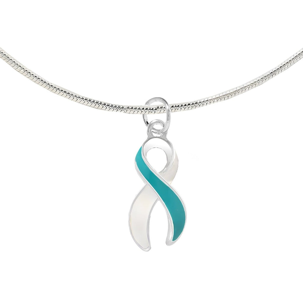 12 Pack Large Teal & White Ribbon Necklaces (12 Necklaces) - Fundraising For A Cause