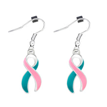 Load image into Gallery viewer, 12 Pairs Large Pink and Teal Ribbon Hanging Earrings - Fundraising For A Cause