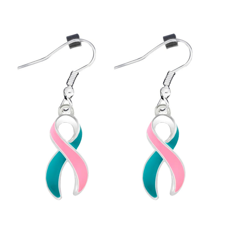 12 Pairs Large Pink and Teal Ribbon Hanging Earrings - Fundraising For A Cause