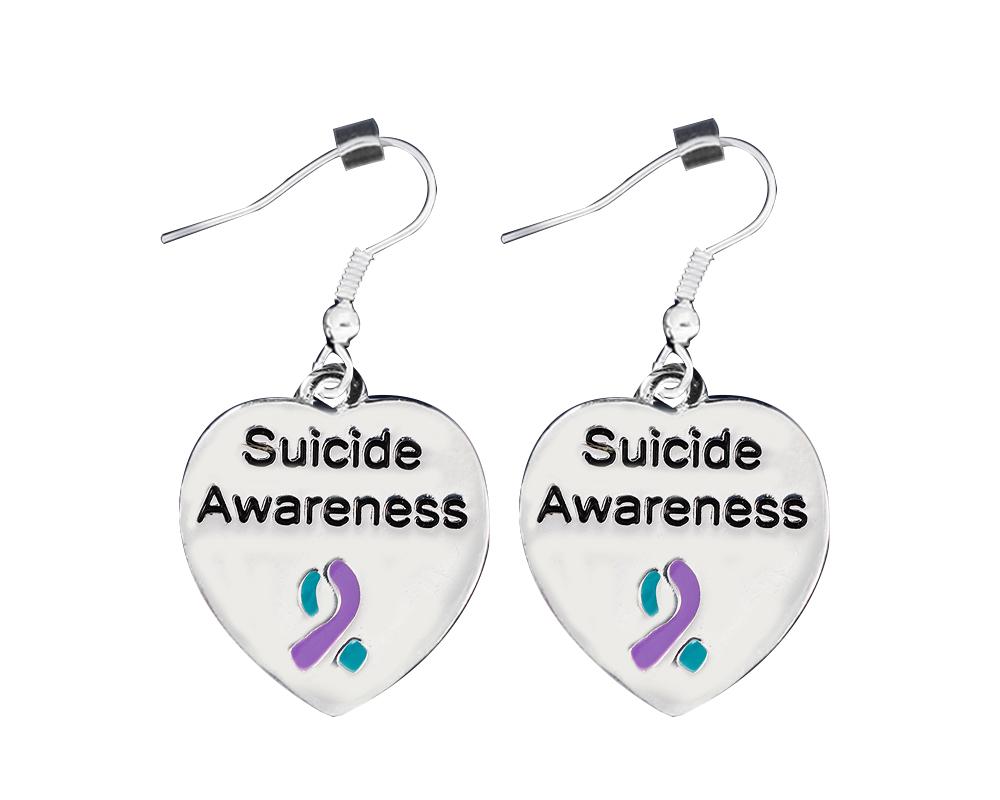 12 Pairs Suicide Awareness Heart With Teal and Purple Ribbon Earrings - Fundraising For A Cause