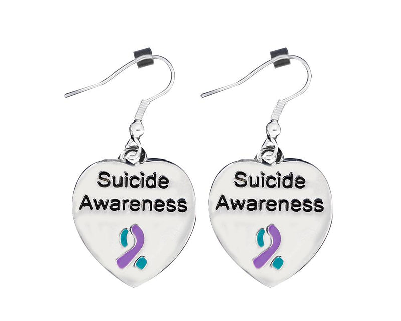 12 Pairs Suicide Awareness Heart With Teal and Purple Ribbon Earrings - Fundraising For A Cause