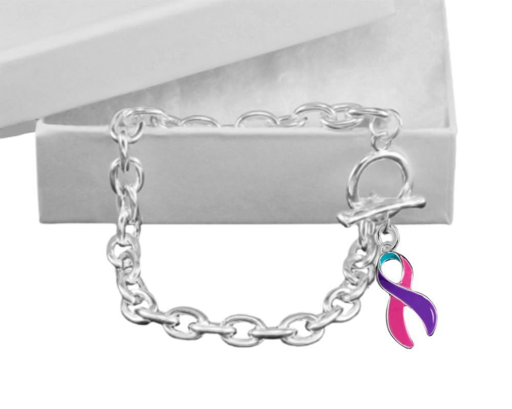 12 Pink, Purple & Teal Ribbon Chunky Chained Style Bracelets - Fundraising For A Cause