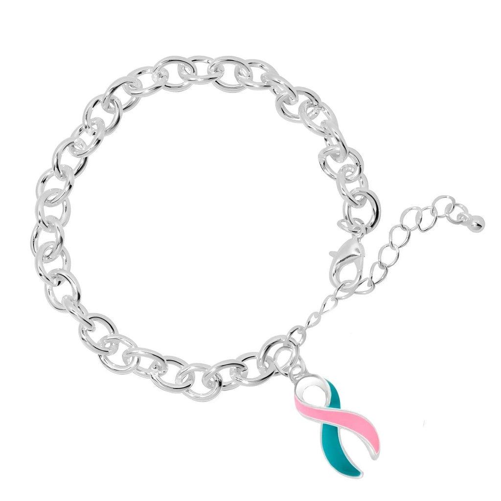 12 Pink & Teal Awareness Ribbon Chunky Charm Bracelets - Fundraising For A Cause