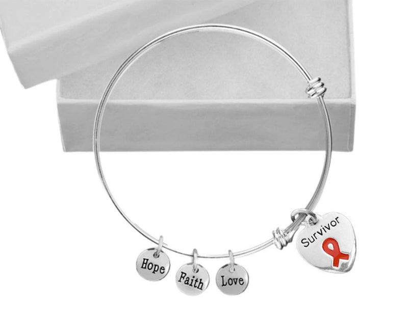 12 Red Ribbon Survivor Heart Retractable Charm Bracelets - Fundraising For A Cause