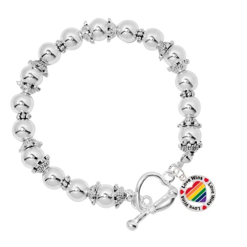 12 Round Rainbow Heart Love Wins Silver Beaded Charm Bracelets - Fundraising For A Cause