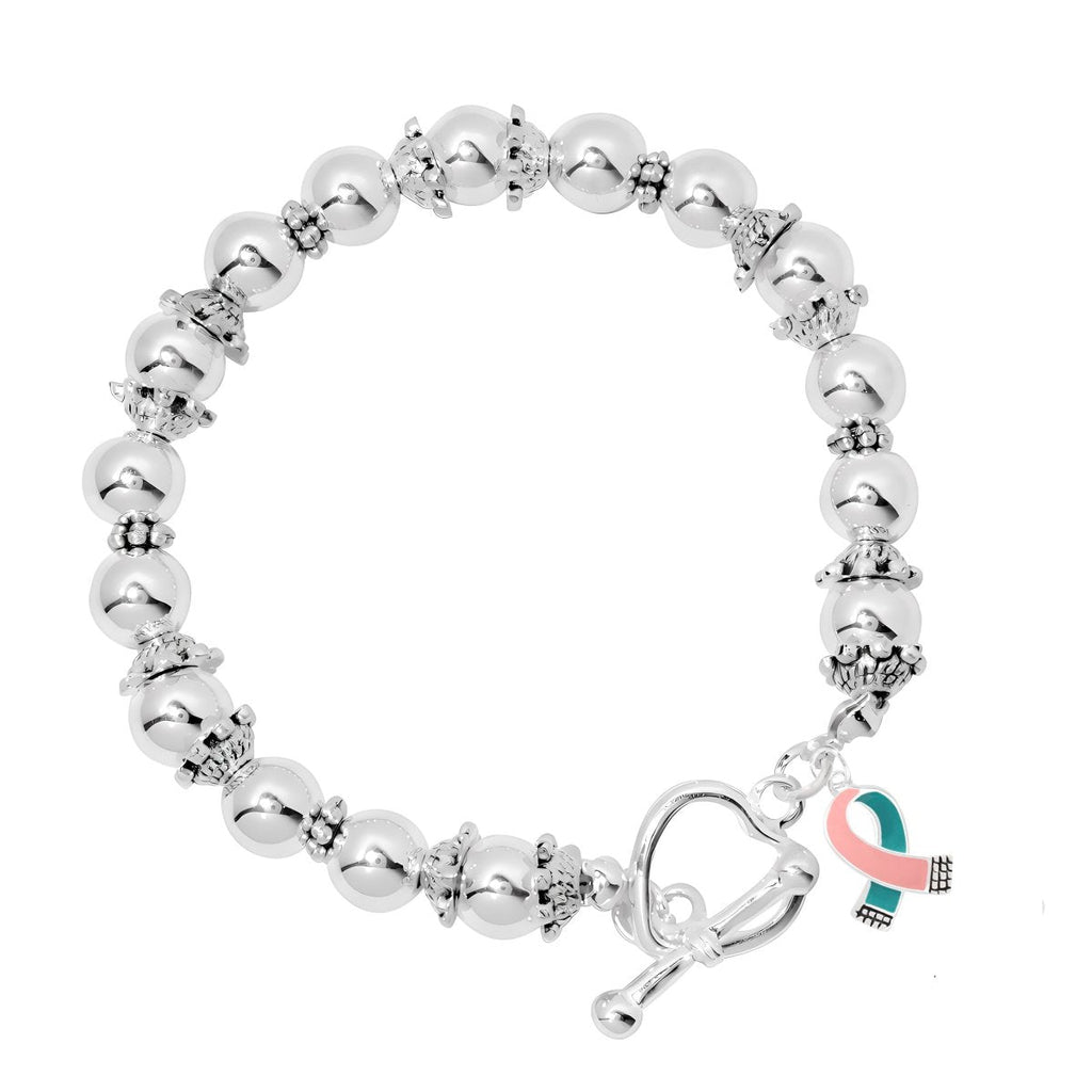 12 Small Pink & Teal Ribbon Silver Beaded Charm Bracelets - Fundraising For A Cause