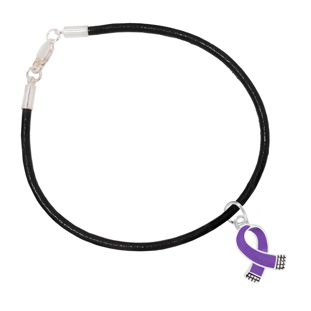 12 Small Purple Ribbon Charm Black Cord Ribbon Bracelets - Fundraising For A Cause