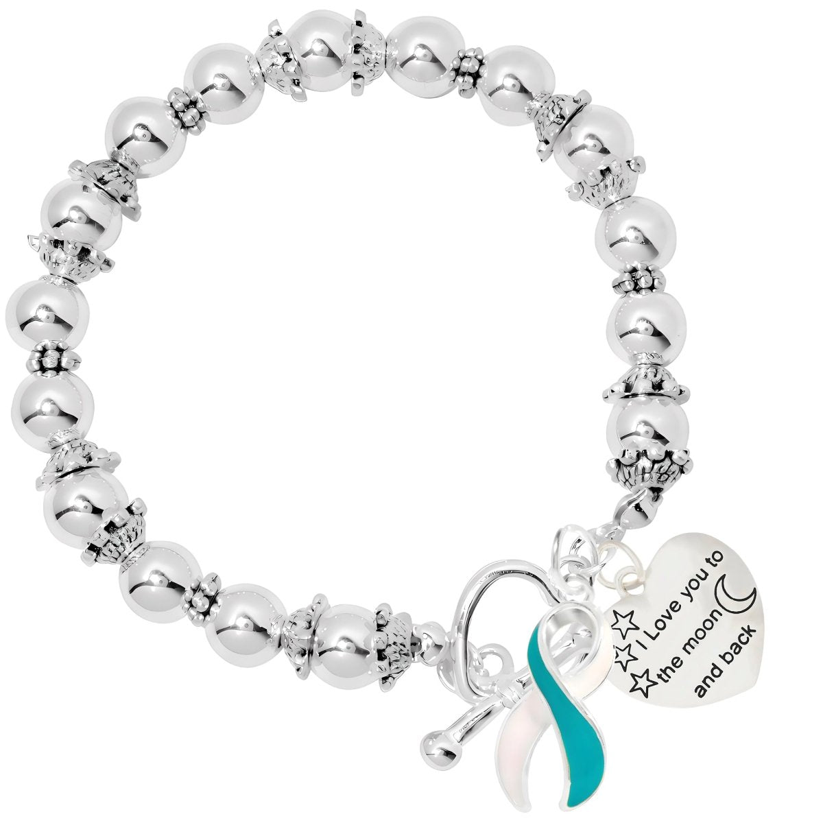 12 Teal & White Ribbon To The Moon And Back Awareness Charm Bracelets - Fundraising For A Cause