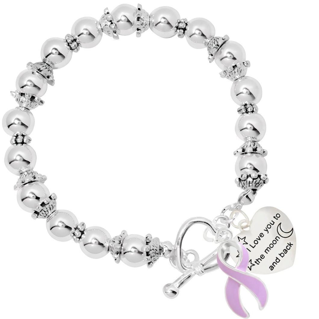 12 To The Moon And Back Heart Charm Lavender Ribbon Silver Beaded Bracelets - Fundraising For A Cause