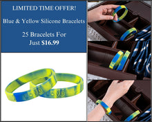 Load image into Gallery viewer, 25 Blue &amp; Yellow Silicone Bracelets - $16.99 - Fundraising For A Cause